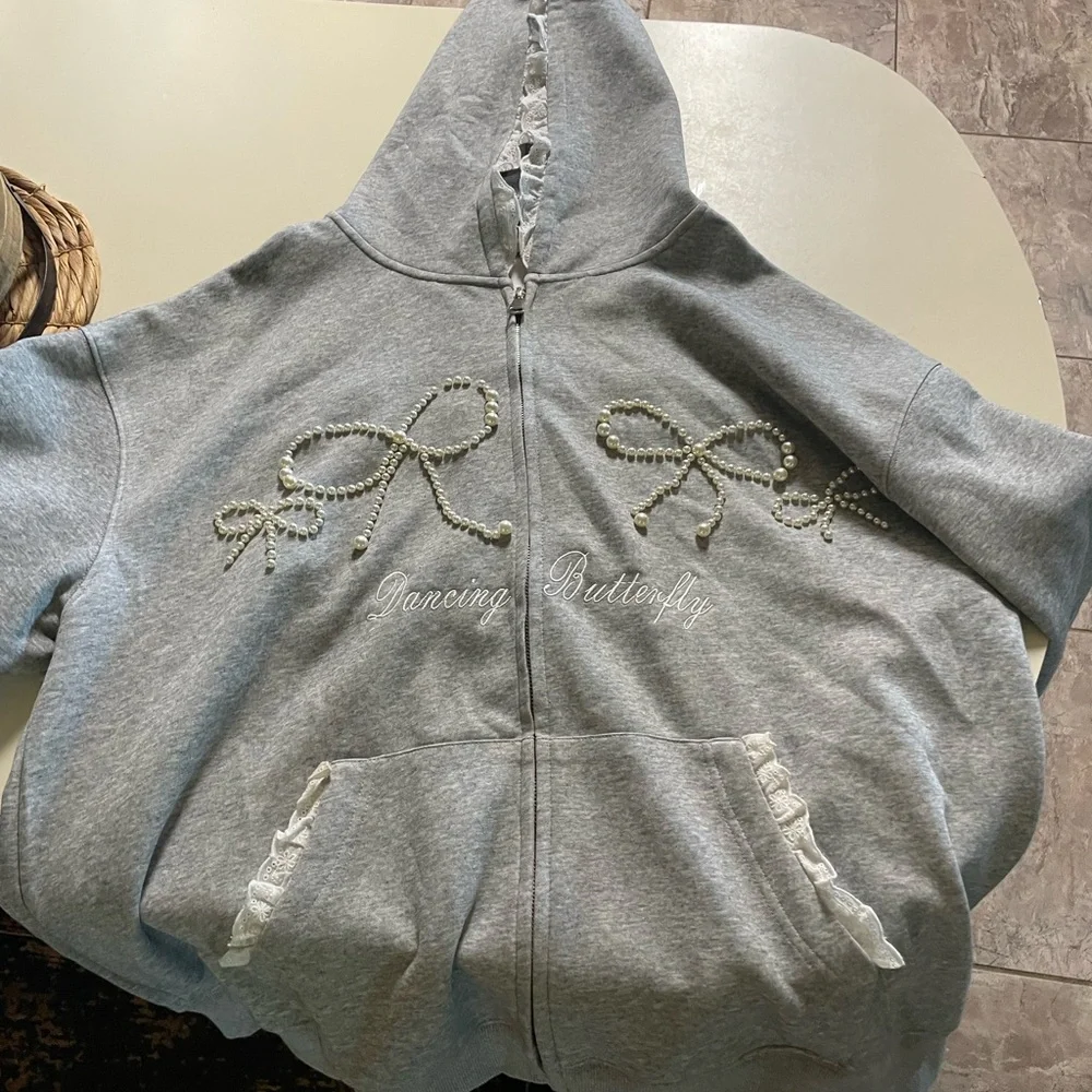 Gray Rhinestone Teddy Jacket with Script Design - Picture 2 of 4